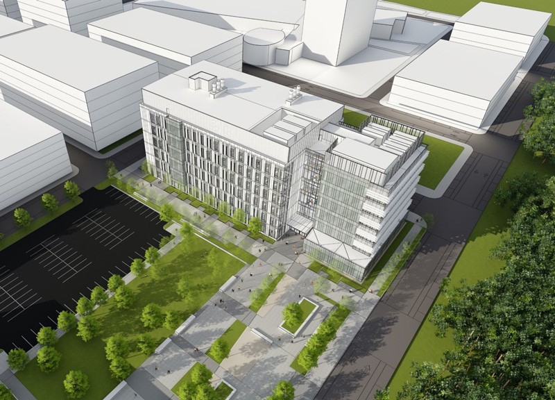 An artist’s rendering of the Ammon Pinizzotto Biopharmaceutical Innovation Center, which is under construction, and possible future buildings nearby, on the Science, Technology and Advanced Research (STAR) Campus at the University of Delaware. 