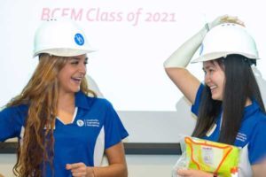construction engineering students in hard hats