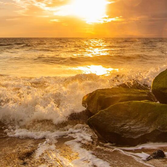 Cape-Henlopen-sq-c Waves crash on rocks on beach at Cape Henlopen State Park