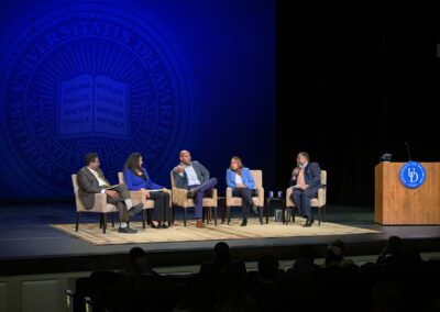 University of Maryland President Darryll J. Pines, Dr. Kara Odom Walker, Cedrick Johnson, Dr. Joan Coker, moderator, Michael Vaughan.