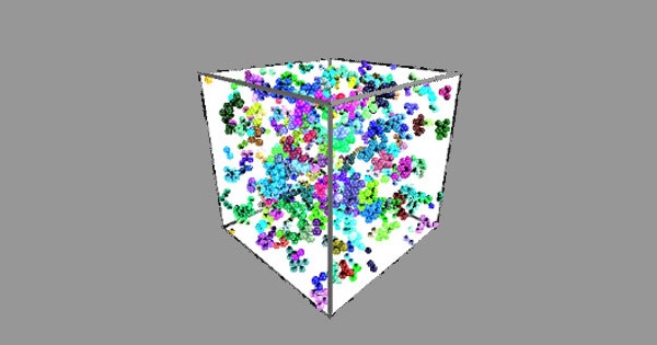 Simulation rendering of monoclonal antibodies clustering in solution as deduced from neutron scattering measurements.