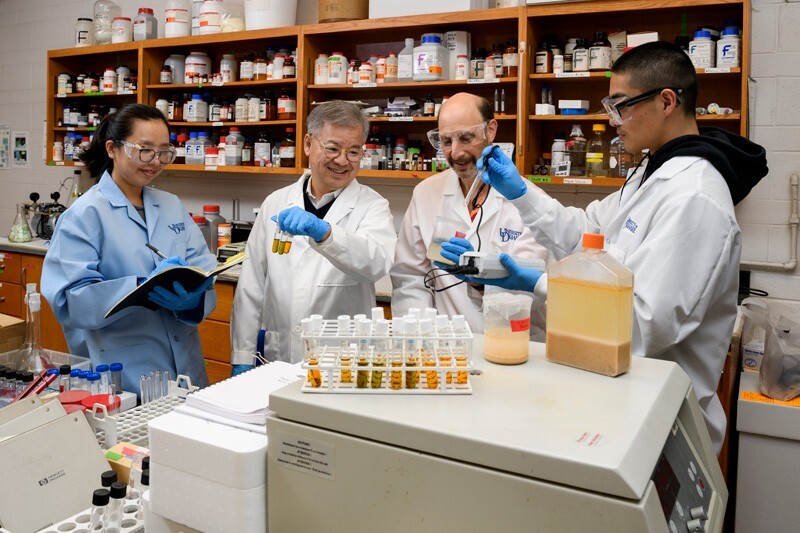 Engineering professors Daniel Cha (second from left) and Michael Chajes (third from left) work with students In-Young Kim (far left) and Gabe Chao to study samples taken from the food digester at Caesar Rodney Dining Hall.