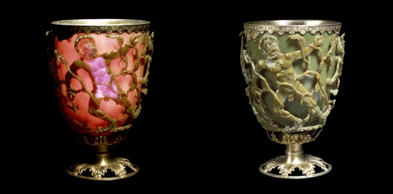 The Lycurgus Cup viewed under transmitted (left) and reflected (right) light, British Museums one appears red and and the other green