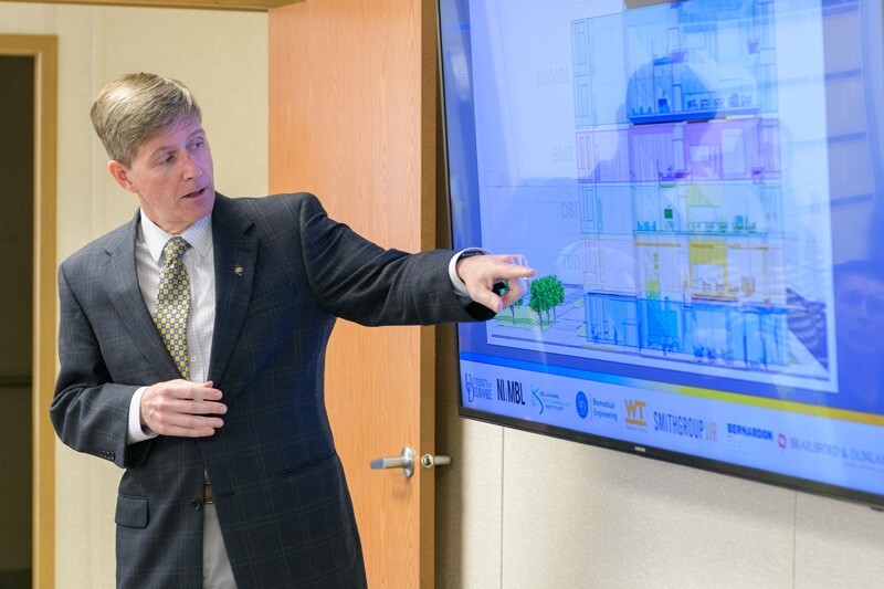 Charles G. Riordan, vice president for research, scholarship and innovation at UD, describes the plans for the Carol Ammon and Marie Pinizzotto M.D. Biopharmaceutical Innovation Center, which is under construction on UD’s Science, Technology and Advanced Research (STAR) Campus. Delaware Gov. John Carney visited the site on Tuesday, Feb. 5.