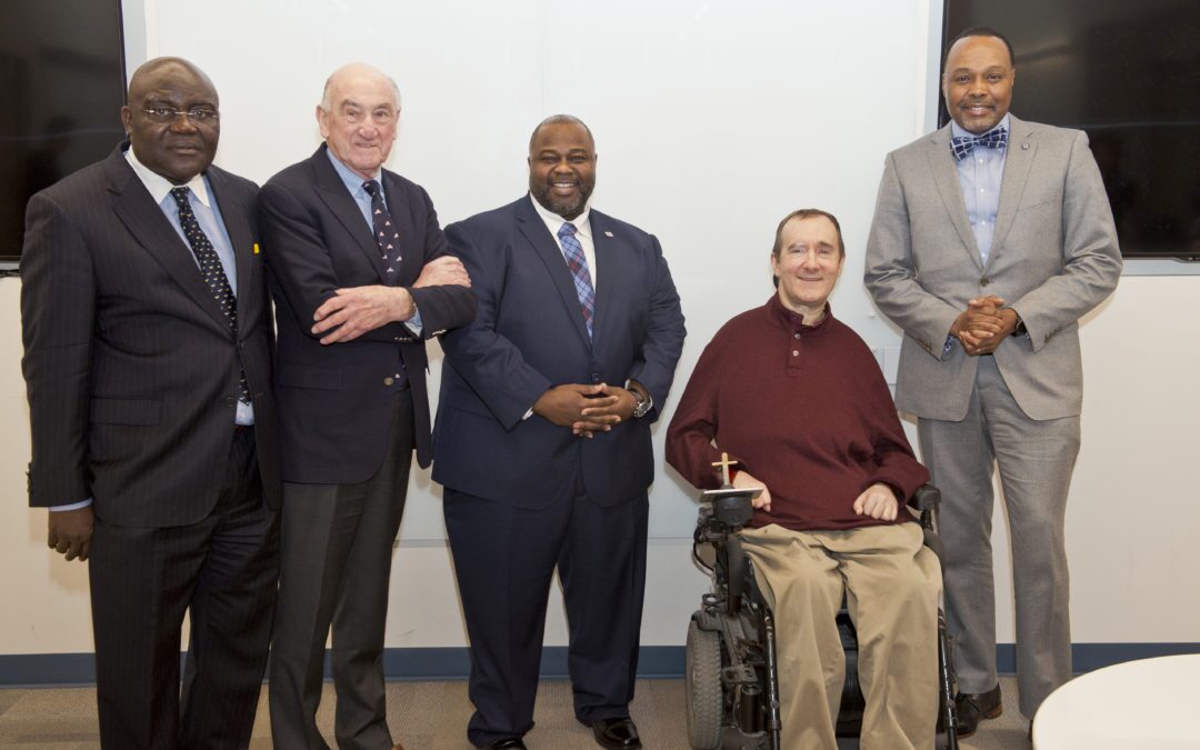 Pictured, from left to right: Nii O. Attoh-Okine, interim academic director of UD’s Cybersecurity Initiative; David Weir, founding director of the Office of Economic Innovation and Partnerships (OEIP); Solomon Adote, chief security officer of the State of Delaware; Ken Barner, Charles Black Evans Professor and chair of the Department of Electrical and Computer Engineering; James Collins, chief information officer of the State of Delaware.