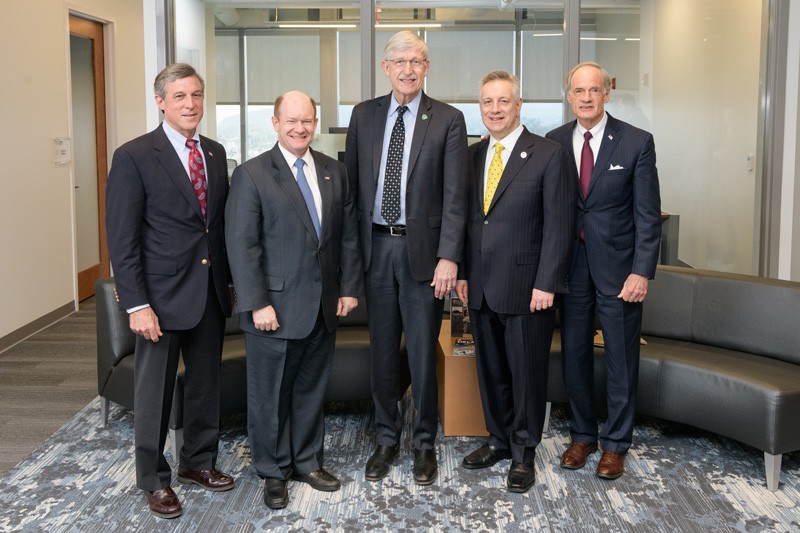At the start of his first visit to the University of Delaware, Dr. Francis Collins (center), director of the National Institutes of Health, had a breakfast meeting with some of Delaware’s top leaders, including (from left): Gov. John Carney, U.S. Sen. Chris Coons, UD President Dennis Assanis and U.S. Sen. Tom Carper. 