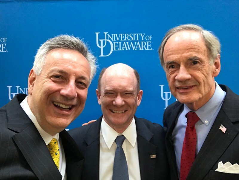 University of Delaware President Dennis Assanis takes a quick “selfie” with Delaware’s U.S. Senators — Chris Coons (center) and Tom Carper (right) during the fifth “UD Day in D.C.” event on Capitol Hill.