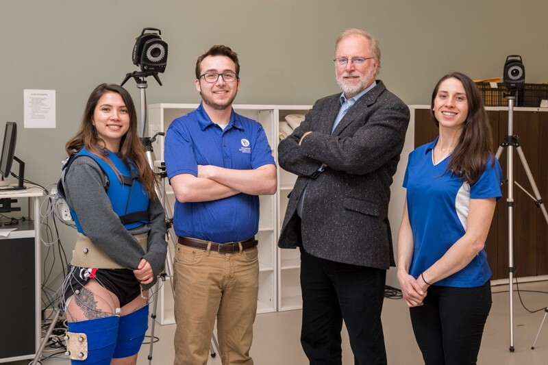 Tom Buchanan (second from right) is the George W. Laird Professor of Mechanical Engineering and Director of the Delaware Rehabilitation Institute. His research group includes undergraduate and graduate students from engineering and health sciences disciplines. Pictured here from left to right: Megan Leibowitz, a doctoral student in physical therapy; Jack Williams, a doctoral student in mechanical engineering; Buchanan; and Kelsey Williams, a doctoral student in mechanical engineering.