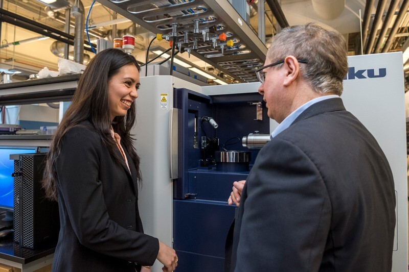 UD doctoral student Angela Cuadros, discusses how she plans to use UD’s 3D X-ray imaging system with Gonzalo Arce, her advisor and Charles Black Evans Professor of Electrical Engineering.