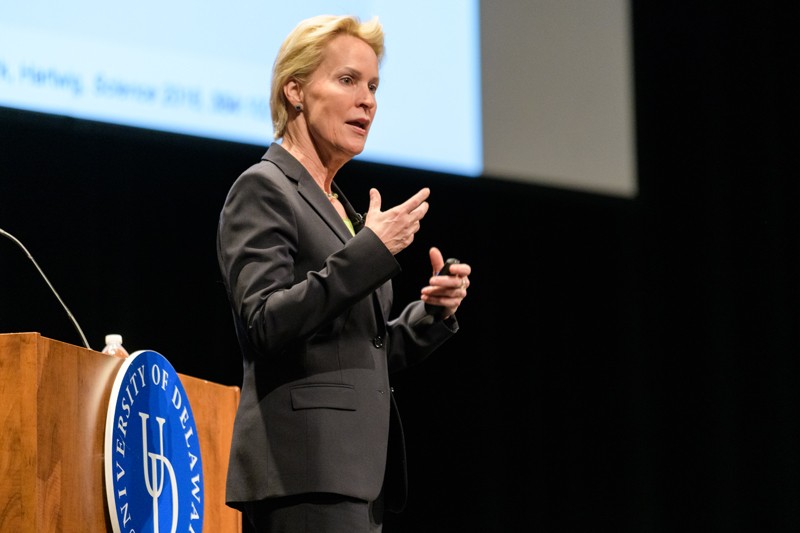 Frances Arnold, who shared the 2018 Nobel Prize in Chemistry, delivers the 2019 Edward G. Jefferson Lecture in UD’s Mitchell Hall.