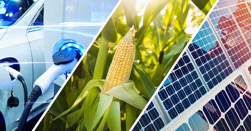 a photo illustration shows a vehicle, corn, and chips