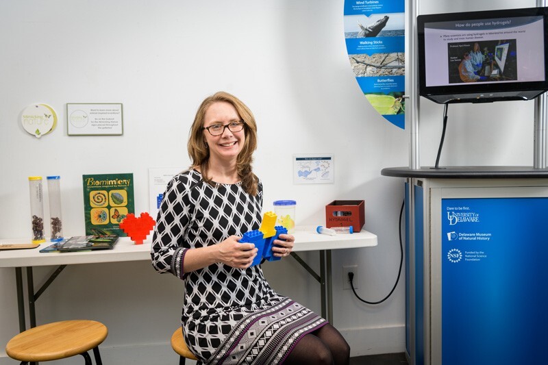 Engineering professor April Kloxin (above) developed this educational kiosk now on display at the Delaware Museum of Natural History.