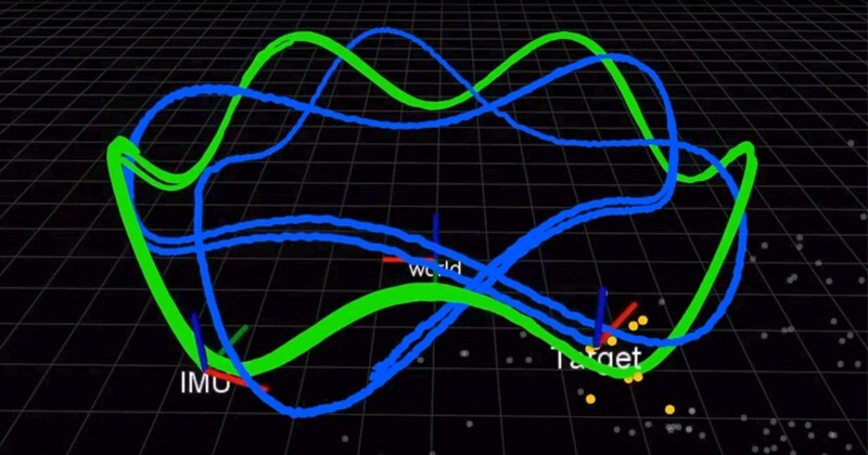 This image shows that the team uses a camera and an inertial measurement unit (IMU) to simultaneously localize a robot and track a moving target. The green line is the robot's trajectory and the blue line is the target's trajectory.