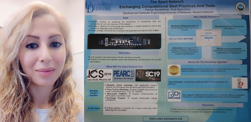 Picture of Parinaz Barakhshan on left, picture of her poster on right