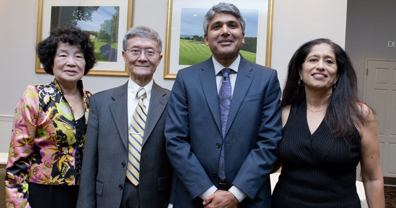 Vivian (Mei-Sheng) Chou, Tsu-Wei Chou, Department of Mechanical Engineering Chair Ajay Prasad, and his wife Jyothi Prasad are pictured.