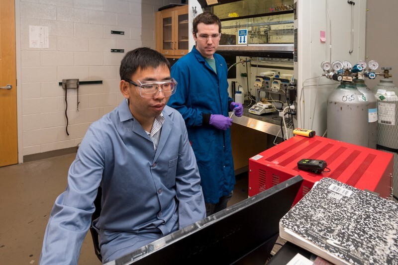 University of Delaware Professor Feng Jiao, left, graduate student Matthew Jouny, right, and postdoctoral fellow Gregory S. Hutchings (not pictured) are pushing the field of carbon monoxide electroreduction technology forward.