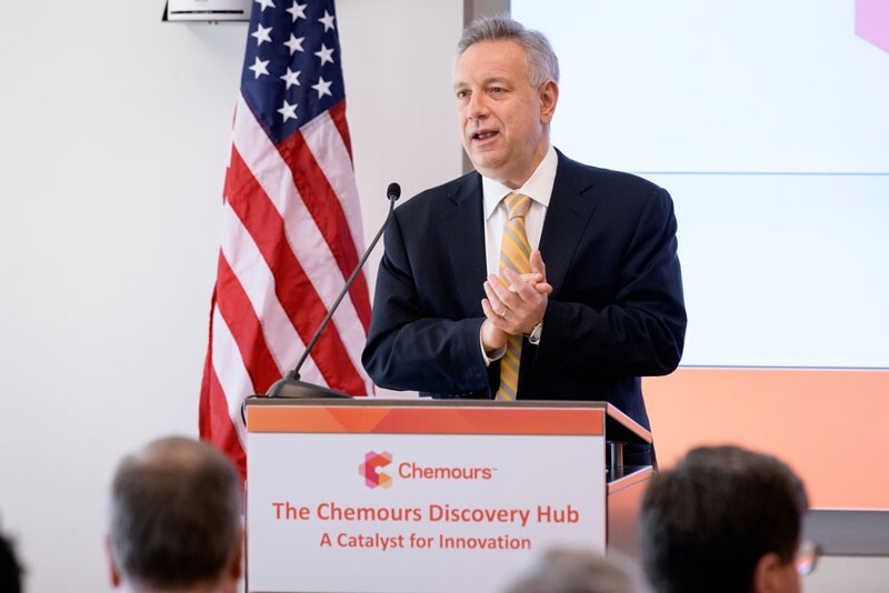 University of Delaware President Dennis Assanis addresses other leaders from the University, Chemours and the community who gathered for a ceremonial ribbon cutting of the company’s new facility at UD’s Science, Technology and Advanced Research (STAR) Campus.
