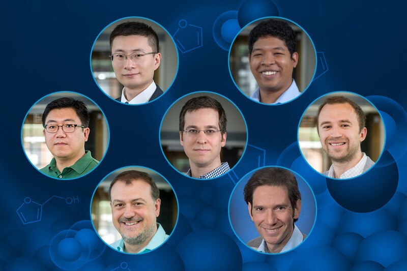 An interdisciplinary team of researchers from University of Delaware and Brookhaven National Laboratory report new advances in converting biomass to potential biofuels. Pictured left to right are: Top row: Jiayi Fu, Jonathan Lym Middle row: Weiqing Zheng, Konstantinos Alexopoulos, Alexander V. Mironenko Bottom row: Dionisios G. Vlachos, J. Anibal Boscoboinik.
