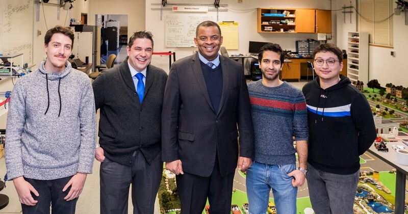 In February, before the coronavirus (COVID-19) pandemic hit and prompted the need for social distancing, former Secretary of Transportation Anthony Foxx visited the Biden Institute and toured UD’s Scaled Smart City, led by Andreas Malikopoulos, Terri Connor Kelly and John Kelly Career Development Associate Professor in the Department of Mechanical Engineering. Pictured from left to right are doctoral student Logan Beaver, Malikopoulos, Foxx, doctoral student Behdad Chalaki and master’s degree student Yiming Wan.