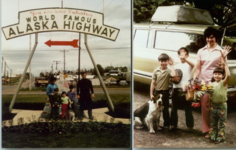 On the left, UD Prof. Norm Wagner as a young child, with his mother, Gertrude Wagner, her brother Tony, siblings and pet at the entrance to the Alaskan-Canadian Highway. On the right, Norm Wagner (hand in front of his face) and siblings with their mom, Gertrude (dad was the photographer), and the Chevy Suburban that was home for three adults, three kids, the family dog and all their camping gear on the way to Alaska in 1972.