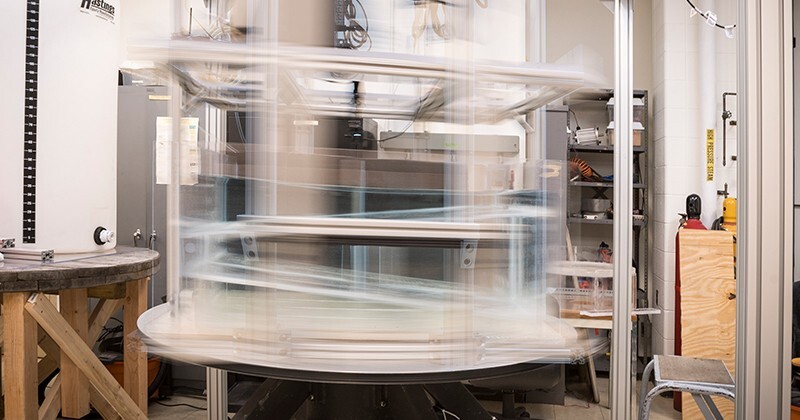 The water-filled rotating table at UD that simulates the Earth’s rotation to study ocean currents. It’s one of only a handful in operation in the U.S.