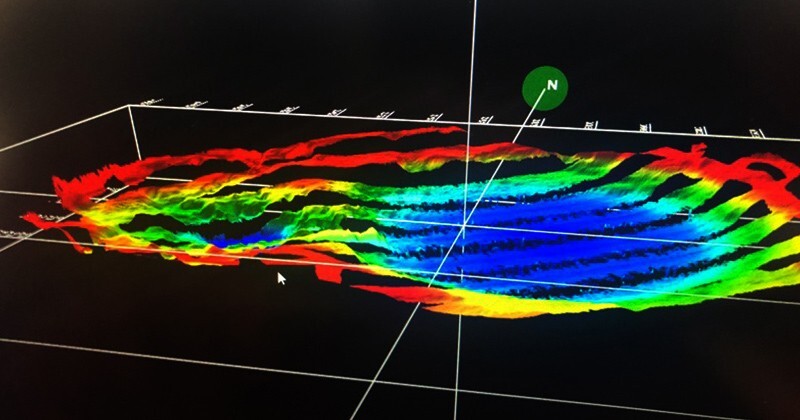 This 3D colored illustration shows depth measurements collected over craters at Bikini Atoll. In 2019, Professor Art Trembanis led a team conducting an underwater mapping effort to locate and characterize the ghost fleet that sits on the bottom of the Pacific as well as the landscape of the atoll in general.