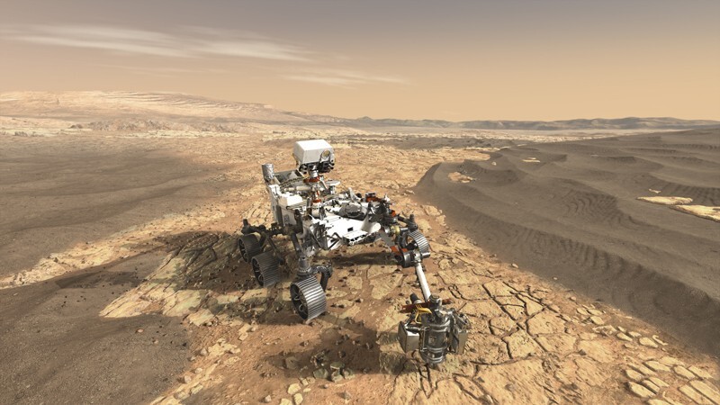 This illustration depicts NASA's Mars 2020 rover on the surface of Mars. The mission, targeted for launch in July or August 2020, takes the next step by not only seeking signs of habitable conditions on Mars in the ancient past, but also searching for signs of past microbial life itself.