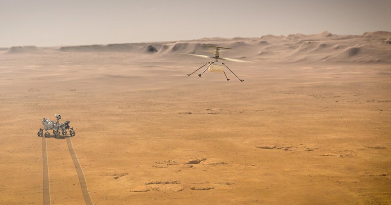 When NASA's Ingenuity Mars Helicopter attempts its first test flight on the red planet, the agency's Mars 2020 Perseverance rover will be close by, as seen in this artist's concept. Ingenuity, a technology experiment, will be the first aircraft to attempt controlled flight on another planet. When it attempts its test flights on Mars in spring 2021, Ingenuity will remain within a 0.6-mile radius of Perseverance so it can communicate wirelessly with the rover. Perseverance then communicates with relay orbiters around Mars that send the signal back to Earth.