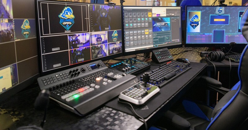 Video control room for the Esports Arena with multiple monitors and switching equipment to control in room cameras.