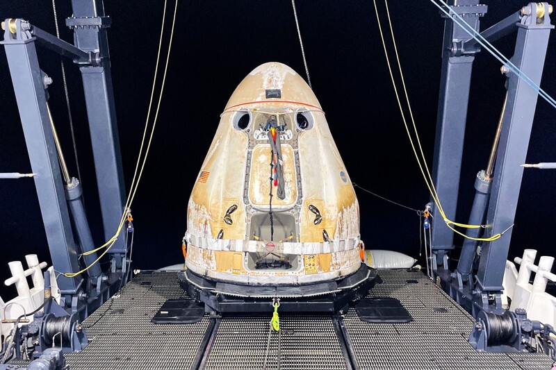 A SpaceX cargo capsule after recovery from reentry.