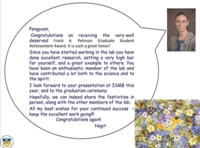 Dr. Shatkay-Reshef wrote this kind, congratulatory note to her former student Pengyuan Li after his recent completion of his doctoral thesis. Photo courtesy of Pengyuan Li.