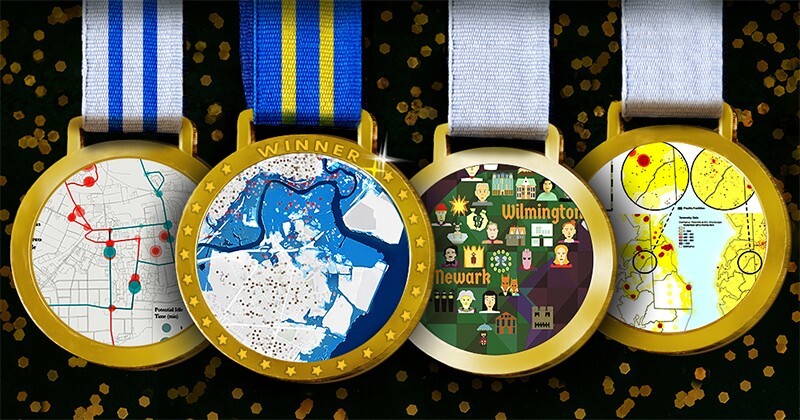 Illustration of 4 medals with assorted map images on the face of each.