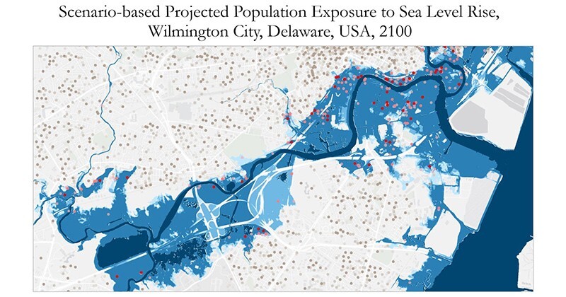 A color map of the city of Wilmington covered in various colored dots. This year’s winner of the annual UD Student Competition for Geospatial Data Visualization uses dot density to symbolize population density, where 1 dot = 150 people. People exposed to sea level rise are shown as red dots, and unexposed brown dots. The saturation of the dots shows the probability of exposure. Places with higher densities of darker red dots are the most vulnerable, because there are likely a higher number of people who might be exposed to inundation hazards under multiple scenarios. The map can be used to estimate the number of people, their locations, and likelihoods to be exposed to coastal floods at the end of the 21st century.