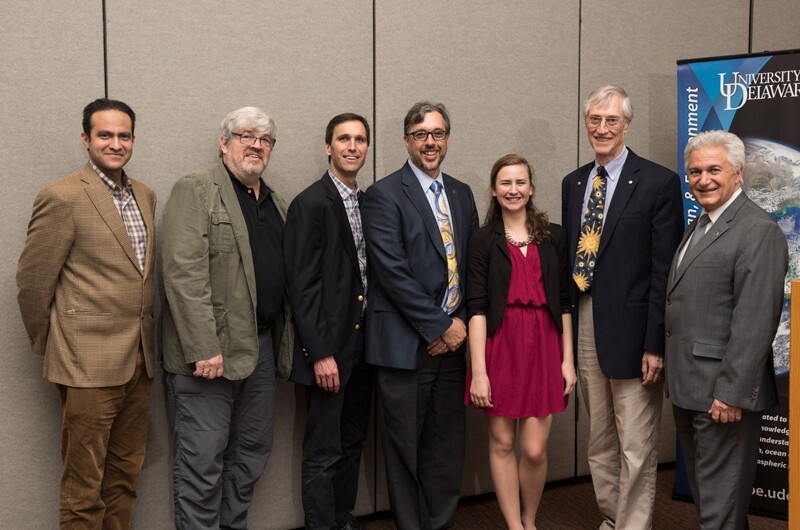 (left to right) Saleem Ali, Blue and Gold Distinguished Professor of Energy and the Environment; William Matthaeus, Unidel Professor of Physics and Astronomy and director of the Delaware Space Grant Program; Michael Shay, professor of physics and astronomy; Norm Wagner, Unidel Robert L. Pigford Chair in Chemical and Biomolecular Engineering, and Mohsen Badie, professor of electrical and computer engineering.