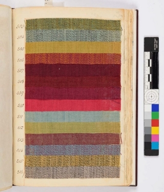 Jocelyn Alcántara-García is using results from analyses of historical textiles from the late 18th – early 19th c. Norwich, United Kingdom, to develop surrogate materials for testing dye mixture trends in her work. These surrogate materials are based on findings from Norwich worsted textiles, like the ones in this pattern book (c. 1790–1793), accession number 65 x 695.3 Winterthur Museum, Garden and Library. UD’s time-of-flight instrument can advance this work by providing detailed information about how color molecules bind to textile fibers.