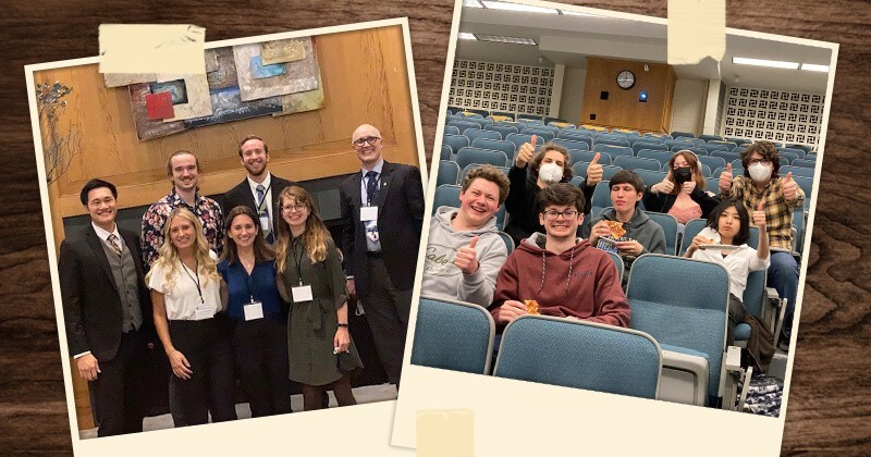 UD AIChE’s advisory council from 2021, with last year’s treasurer and presidents Aaron Lam, Jackson Burns, Sean Wirt (back row), and Lydia Kowalski, Katie Graboski, Rebecca Beswick (front row) alongside students watching last year’s broomball tournament (right).