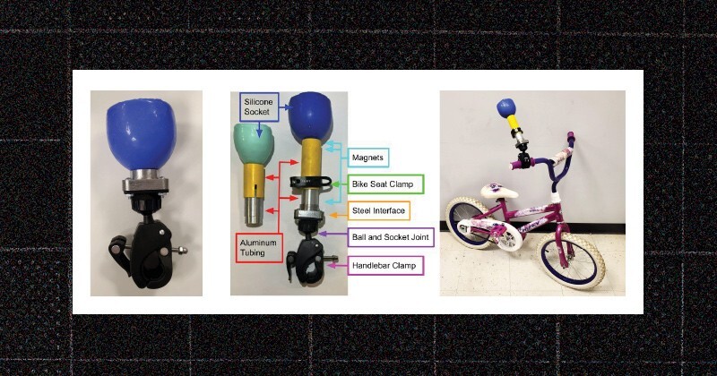 Prototype and final design is an adjustable post that attaches to a bike handlebar, along with a cup and joint structure that detaches in case of a fall.