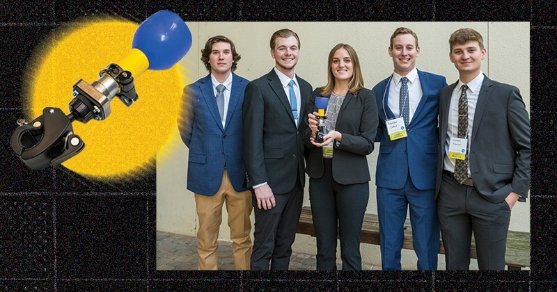 From left to right, Gavin McMahon, Nicholas Wickersham, Suzannah Hoguet, Brendan Cohen and Michael Trainor with their adaptable bicycle prototype. The inset image is of an adaptive handlebar grip.