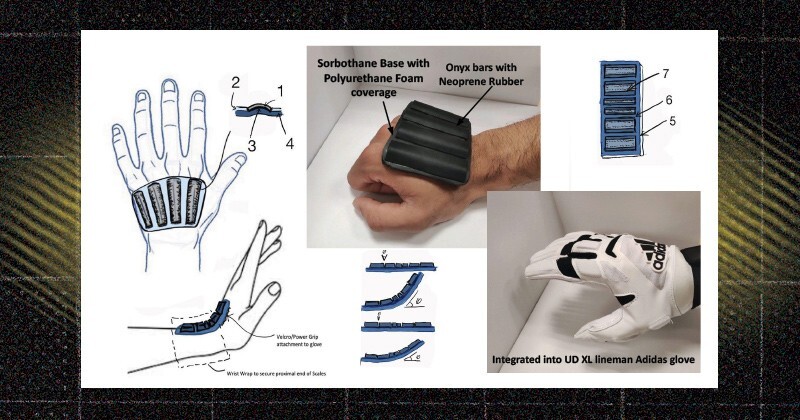 Various images inset to illustrate the prototype glove, the insert that has four carbon fiber bars and additional neoprene cushioning.