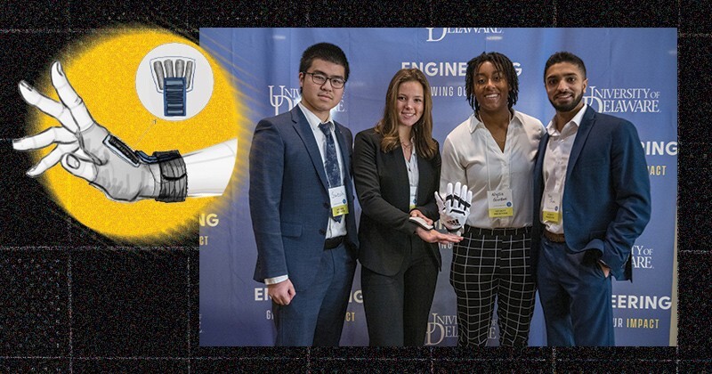 From left to right, Haonan “Switch” Huang, Emma FitzGibbon, Alyssa Giordani and Raj Shah. An inset illustration shows the prototype of a glove to protect the metacarpal bones of football players who have suffered a hand fracture.