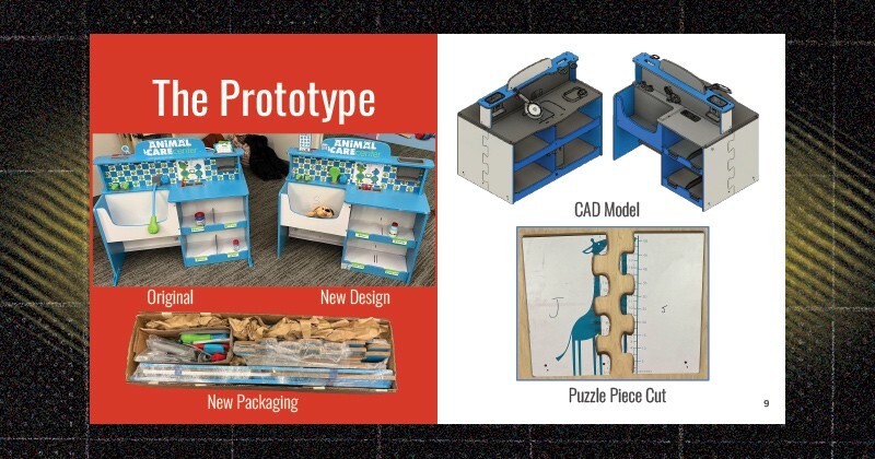 Comparison of the original design and the student design alongside a CAD model of the student design and an example of the new packaging.