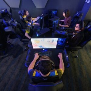 Students at computers at the Esports center in Perkins Student Center