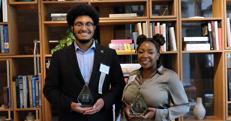 Emmanuel Ortiz (left), a chemical engineering sophomore, and Oviyanna Umoh, a sophomore studying neuroscience and psychology, received first place for their poster presentations in the Engineering and Life/Biological Sciences categories respectively. 