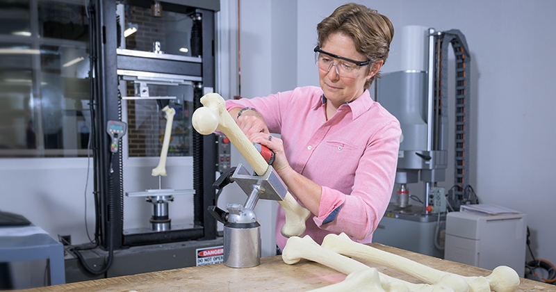 Professor Jenni Buckley demonstrates a device uses to hold a piece of bone