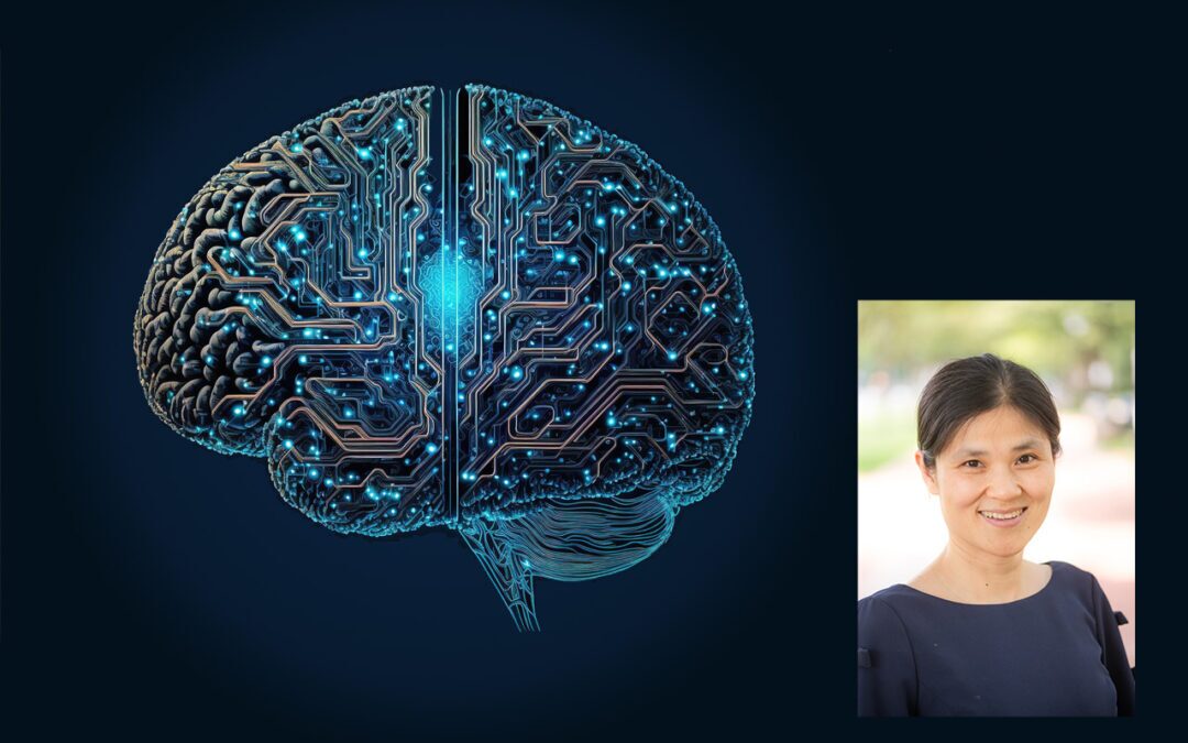 illustration of a brain as electronic circuitry with an inset image of Yuping Zeng