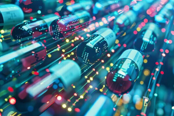 Antivirals being developed using bioinformatics, showcasing the blend of data science and pharmacology in creating effective treatments