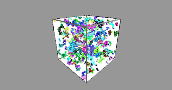 Simulation rendering of monoclonal antibodies clustering in solution as deduced from neutron scattering measurements.