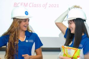 construction engineering students in hard hats