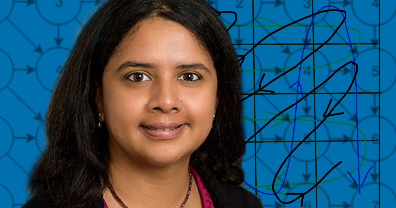 Sunita Chandrasekaran is pictured with wavefront patterns in the background.