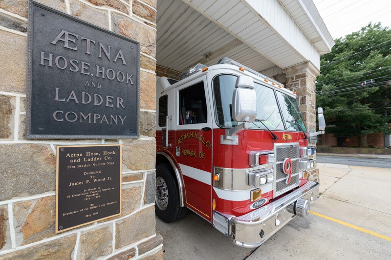 Aetna Hose Hook and Ladder Company Station 9 sits on the corner of Academy Street and East Delaware Avenue in Newark. 